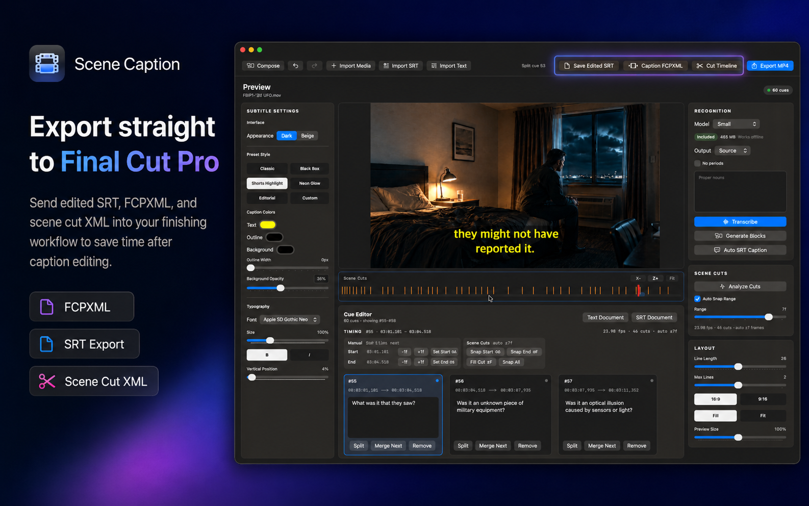 SceneCaption Studio marketing screen showing caption styling and export.